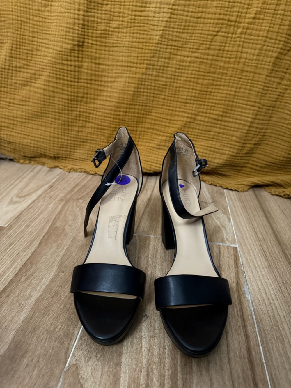 Naturalizer Black Leather Ankle-Strap Block Heels